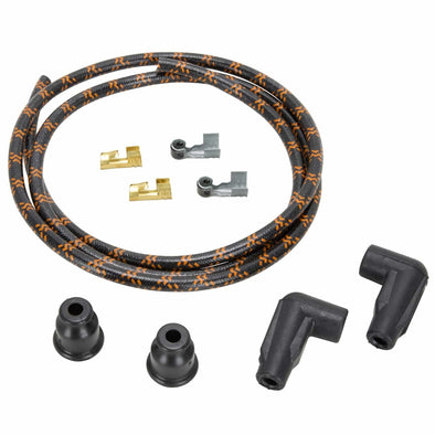 7mm Cloth 90 Degree Spark Plug Wire Sets - Black w/ Orange Tracers