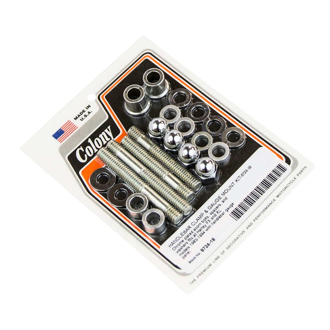 #8724-18 Handlebar Clamp & Gauge Acorn Head Mount Kit 1983-1994 Harley-Davidson FX/XL - Chrome Plated