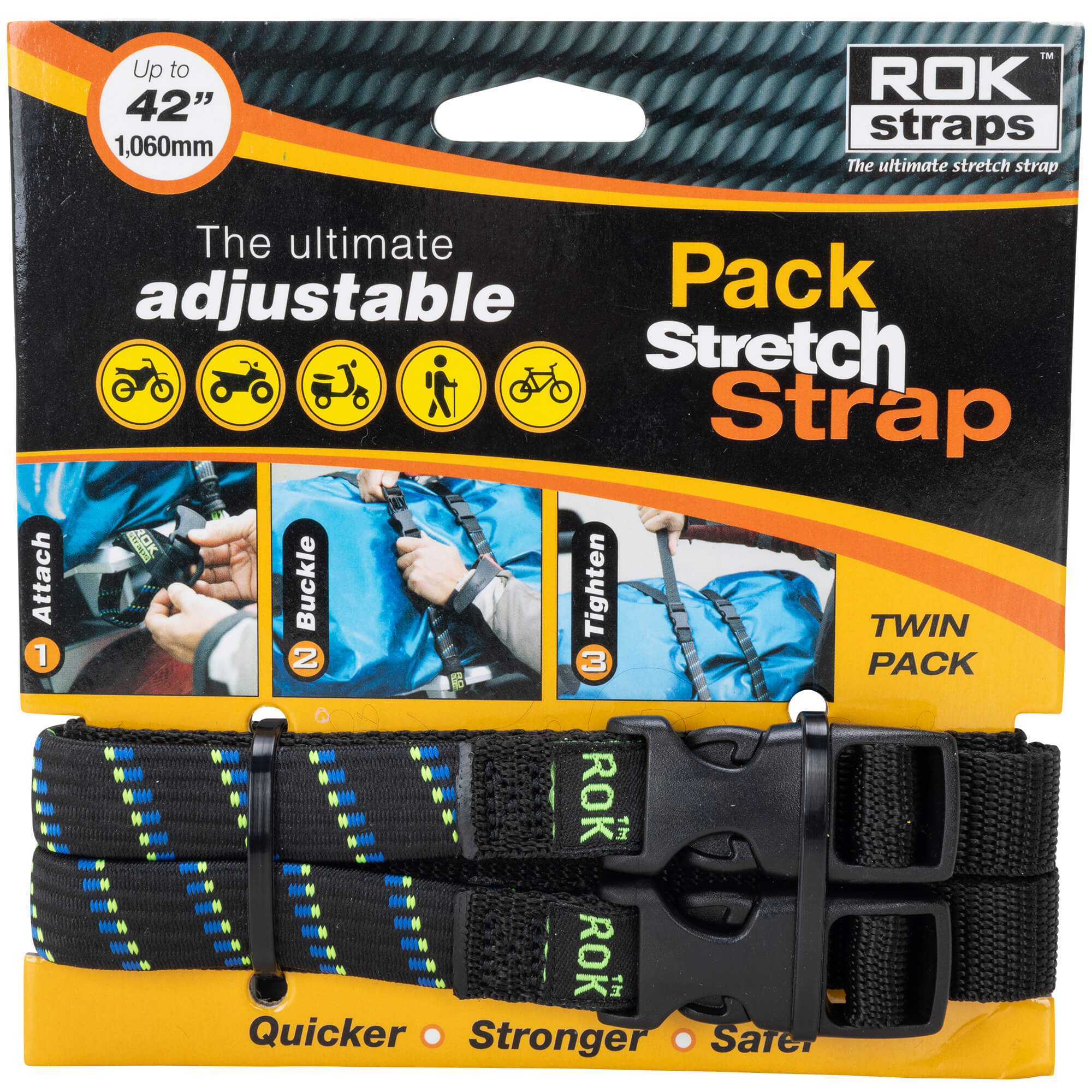 ROK Straps 2-Pack Adjustable Pack Straps - 12-42 Inch Motorcycle & Bike Tie-Downs