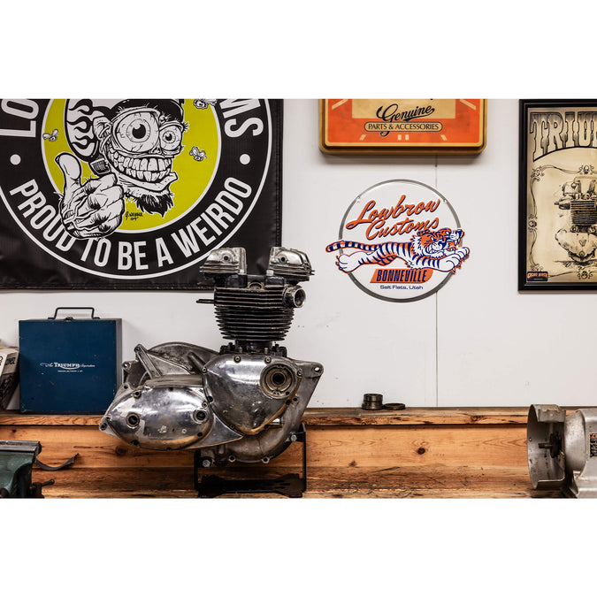 Lowbrow Customs Bonneville Stamped Metal Shop Signs
