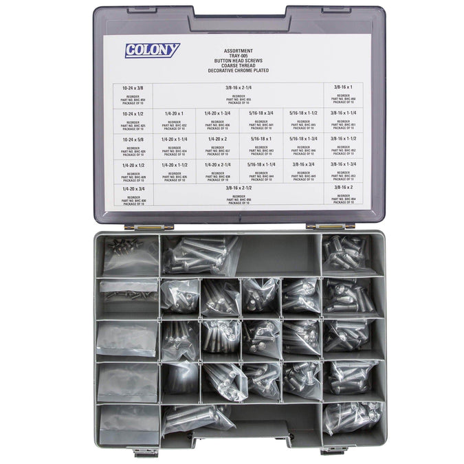 Colony Chrome Plated Button Head Socket Head Screw Assortment Tray - Coarse Thread - 240 Piece