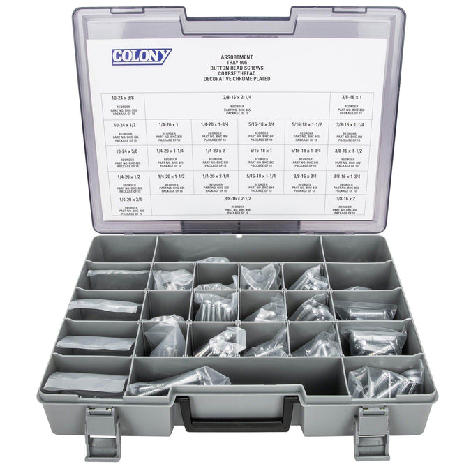 Colony Chrome Plated Button Head Socket Head Screw Assortment Tray - Coarse Thread - 240 Piece