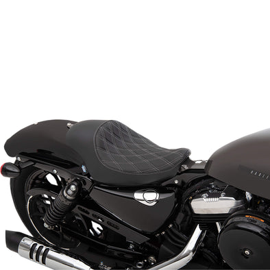 3/4 Low Solo Seat - Double Diamond - Black w/Silver Stitching - fits 2004-Up Harley-Davidson Sportsters