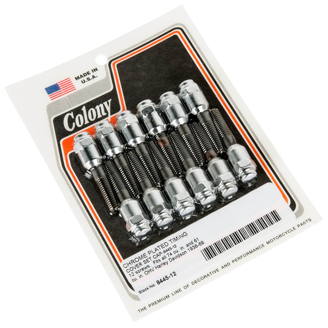 #8445-12 Timing Cover Cap Set 1936-1969 Harley-Davidson 74 & 61 cu. in. OHV - Chrome Plated