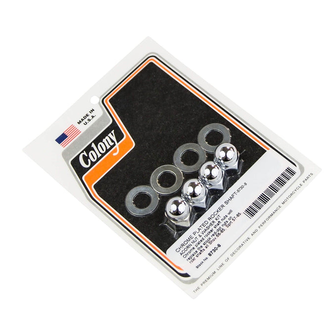 #8730-8 Rocker Shaft Chrome Plated Acorn Nut & Washer Kit 1966-1985 Harley-Davidson Shovelhead 1957-1985 Sportster - Chrome Plated
